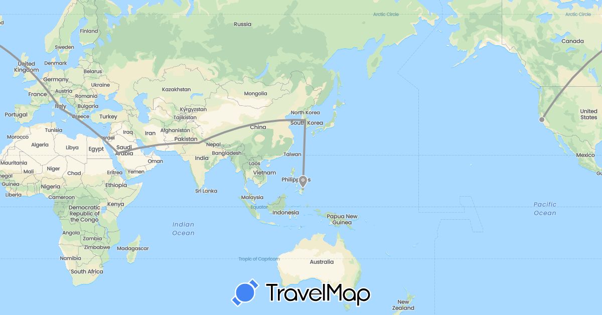 TravelMap itinerary: driving, plane in Argentina, India, South Korea, Saudi Arabia, United States (Asia, North America, South America)